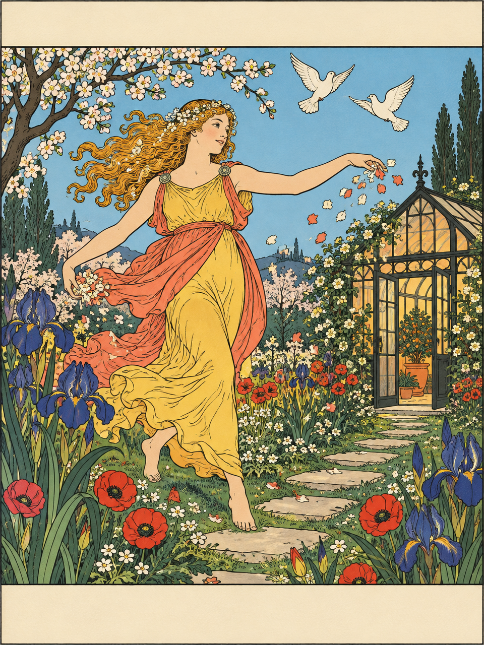 Art Nouveau illustration of a woman in a yellow dress scattering petals in a spring garden beside a glowing greenhouse